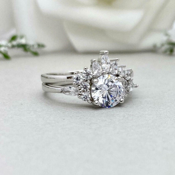 2.2ct Engagement Ring Round Cut Diamond Crown Bridal Set 14k White Gold Finish