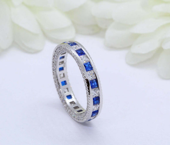 2ct Princess Blue Sapphire Wedding Band Milgrain Channel Set 14k White Gold Over