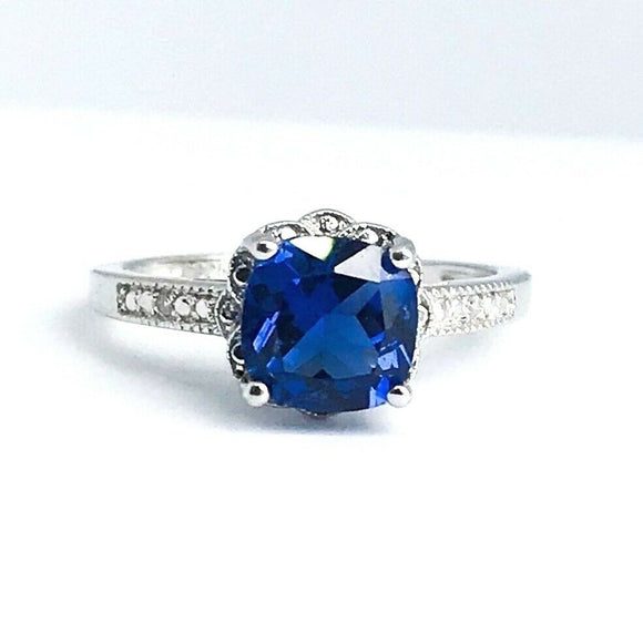 2Ct Cushion Cut Blue Sapphire Diamond Floral Engagement Ring 14K White Gold Over