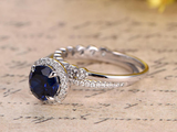 2ct Round Cut Blue Sapphire Engagement Ring Halo Bridal Set 14k WhiteGold Finish