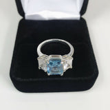 2.5ct Emerald Cut Blue Tanzanite Trilogy Engagement Ring 14k White Gold Finish