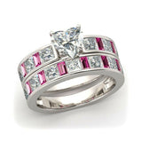 4Ct Heart Cut Diamond Pink Sapphire Bridal Set Ring Band 14K White Gold Finish