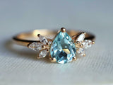 1.6ct Engagement Ring Pear Cut Blue Aquamarine Leaf Accent 14k YellowGold Finish