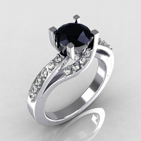 2Ct Round Black Diamond Stylish Solitaire Engagement Ring 14K White Gold Finish