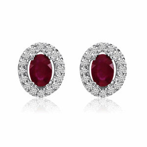 1ct Oval Cut Pink Ruby Halo Solitaire Stud Earrings 14k White Gold Finish