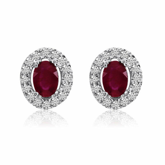 1ct Oval Cut Pink Ruby Halo Solitaire Stud Earrings 14k White Gold Finish