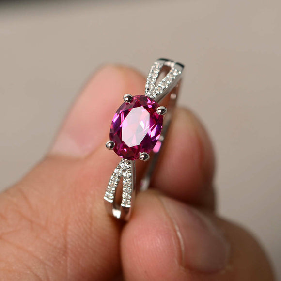 1.2ct Oval Cut Pink Ruby Engagement Ring 14k White Gold Finish Split Shank Women