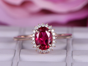 2ct Oval Cut Pink Ruby Diamond Floral Halo Solitaire Ring 18k Rose Gold Finish