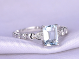 1.5ct Emerald Cut Blue Aquamarine Heart Shape Accents Ring 14k White Gold Finish