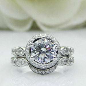 3.5Ct Round Cut Diamond Bridal Set Vintage Band Halo Ring 14K White Gold Finish