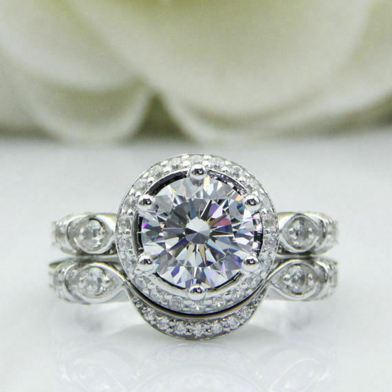 3.5Ct Round Cut Diamond Bridal Set Vintage Band Halo Ring 14K White Gold Finish