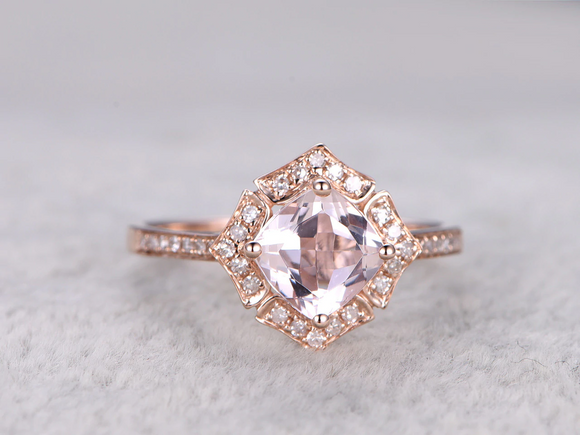 2ct Cushion Cut Morganite Engagement Ring Vintage Halo Floral 14k Rose Gold Over