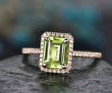 2Ct Emerald Cut Green Peridot Halo Solitaire Engagement Ring 14K Rose Gold Over