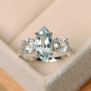 2.3ct Marquise Cut Blue Aquamarine Engagement Ring Trilogy 14k White Gold Finish