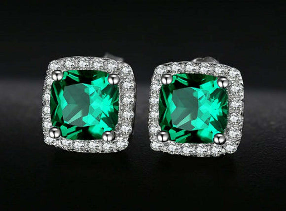 2.4ct Stud Earrings Cushion Cut Green Emerald Diamond Halo 14k White Gold Finish