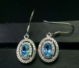 2.8ct Drop Earrings Oval Cut Blue Topaz Dual Halo Fish Hook 14k WhiteGold Finish