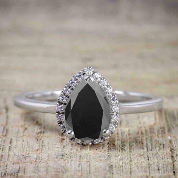 1.3ct Pear Cut Black Diamond Engagement Ring 14k WhiteGold Finish Halo Solitaire