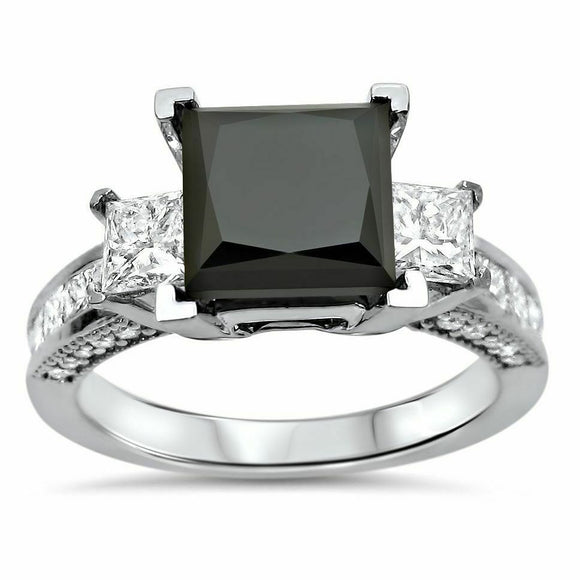 4Ct Princess Cut Black Diamond Solitaire Engagement Ring 18K White Gold Finish