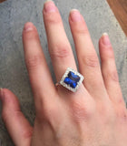 2ct Engagement Ring Princess Cut Blue Sapphire Diamond Halo 14k White Gold Over