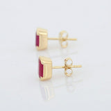 1.5ct Stud Earrings Emerald Cut Ruby Bezel Set Solitaire 14k Yellow Gold Finish