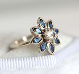 2ct Marquise Cut Blue Sapphire Engagement Ring 14k WhiteGold Over Diamond Flower