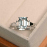 2ct Emerald Cut Blue Aquamarine Baguette Accent Trilogy Ring 14k White Gold Over