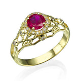 2ct Round Cut Ruby Engagement Ring Antique Inspired Halo 14k Yellow Gold Finish