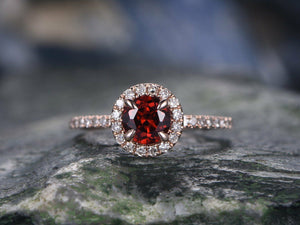 1.3Ct Round Cut Red Garnet Halo Solitaire Engagement Ring 14K Rose Gold Finish