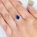 2.5ct Oval Blue Sapphire Engagement Ring Halo Diamond Accents 14k WhiteGold Over