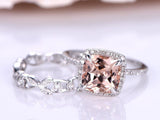 2ct Cushion Cut Peach Morganite Bridal Set Engagement Ring 14k White Gold Finish