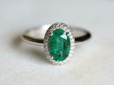 2ct Oval Cut Green Emerald Diamond Halo Solitaire Ring 14k White Gold Finish