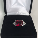 2.5ct Emerald Cut Pink Ruby Diamond Trilogy Engagement Ring 14k White Gold Over