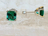 2ct Asscher Simulated Emerald Dual Prong Stud Earrings 14k White Gold Plated