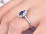 1.9ct Pear Cut Blue Sapphire Engagement Ring Diamond Halo 14k White Gold Finish