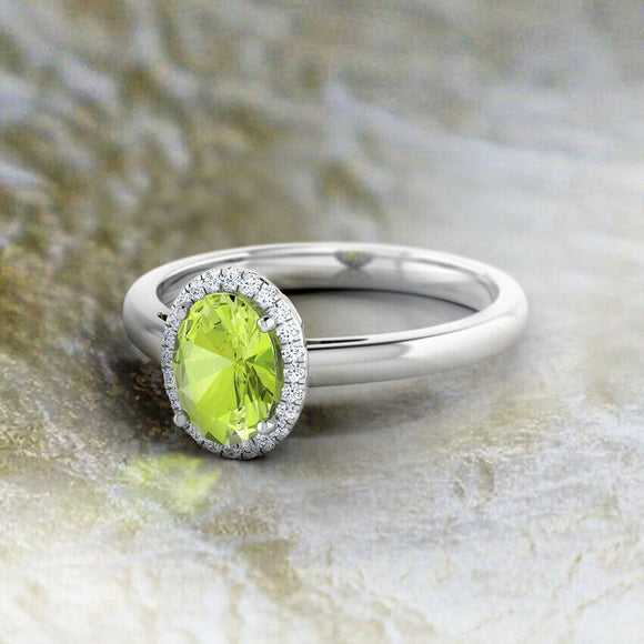 1Ct Oval Cut Green Peridot Diamond Halo Engagement Ring 14K White Gold Finish