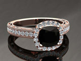 2ct Cushion Black Diamond Engagement Ring Milgrain Accent Halo 14k RoseGold Over