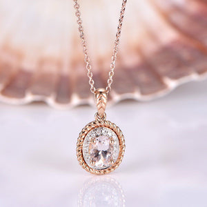 0.9ct Oval Cut Peach Morganite Halo Rope Pendant 14k Rose Gold Finish NO CHAIN