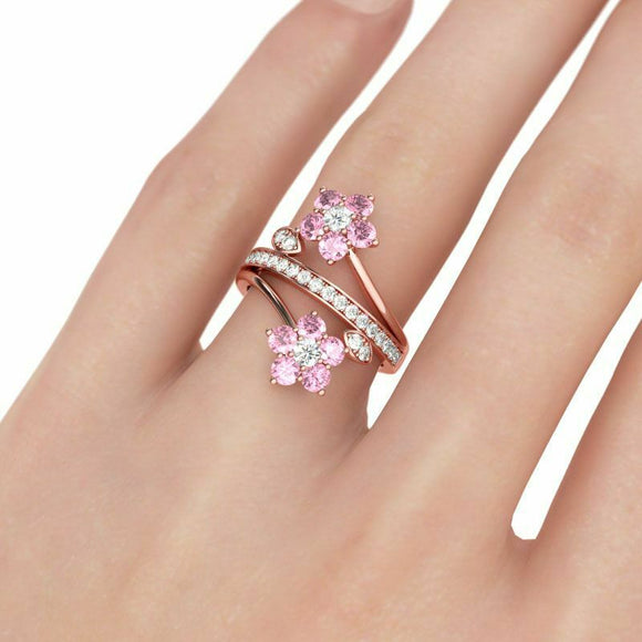 3Ct Round Cut Pink Sapphire Diamond Floral Engagement Ring 14K Rose Gold Finish