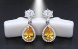 2.9ct Pear Cut Yellow Citrine Halo Teardrop Stud Earrings 14k Dual Tone Finish