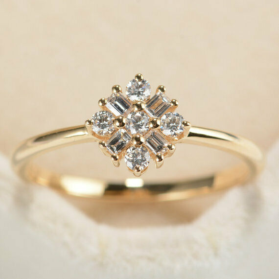 2Ct Baguette Round Cut Diamond Cluster Engagement Ring 14K Yellow Gold Finish