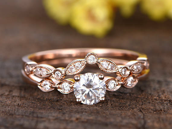 2Ct Round Cut DVVS1 Diamond Bridal Set Vintage Ring Band 14K Rose Gold Finish