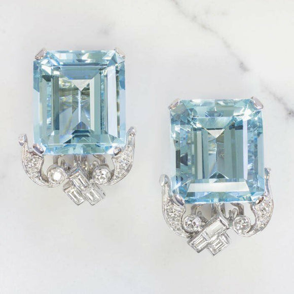 2Ct Emerald Blue Aquamarine Diamond Art Deco Stud Earrings 14K White Gold Finish