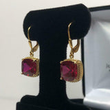 2ct Dangle Earrings Cushion Cut Pink Ruby Beaded Solitaire 14k Yellow Gold Over