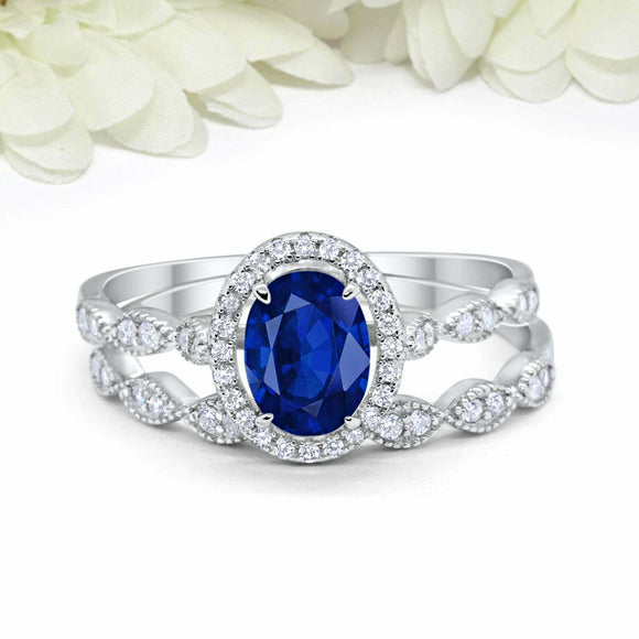 2.5ct Oval Cut Blue Sapphire Engagement Ring Bridal Set Halo 14k White Gold Over