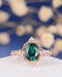 1.8ct Oval Cut Green Emerald Engagement Ring Unique Art Deco 14k RoseGold Finish