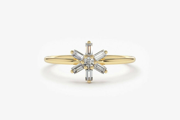 1.2ct Engagement Ring Baguette Cut Diamond Star Art Deco 14k Yellow Gold Finish