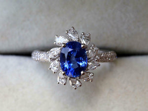 2ct Engagement Ring Oval Cut Blue Sapphire Cluster Accent 14k White Gold Finish