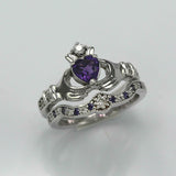 2ct Heart Purple Amethyst Engagement Ring Claddagh Bridal Set 14k WhiteGold Over