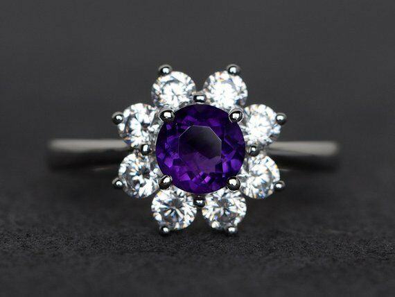 2.3ct Round Cut Purple Amethyst Engagement Ring 14k WhiteGold Finish Halo Floral