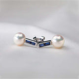 1.2ct Baguette Cut Blue Sapphire Pearl Dainty Stud Earrings 14k WhiteGold Finish